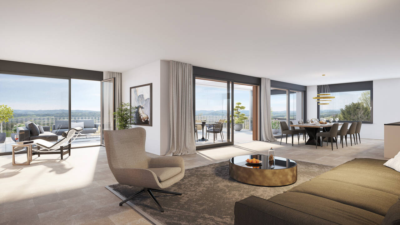 1 / 2A - Livingroom auf über 100m2 und 2.65 Meter Raumhöhe gepaart mit unbegrenzter Panoramasicht